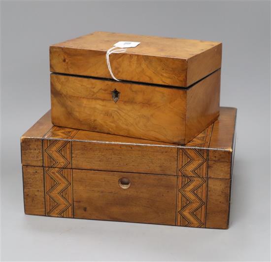 A walnut chemists box and an mahogany inlaid box longest 29.5cm